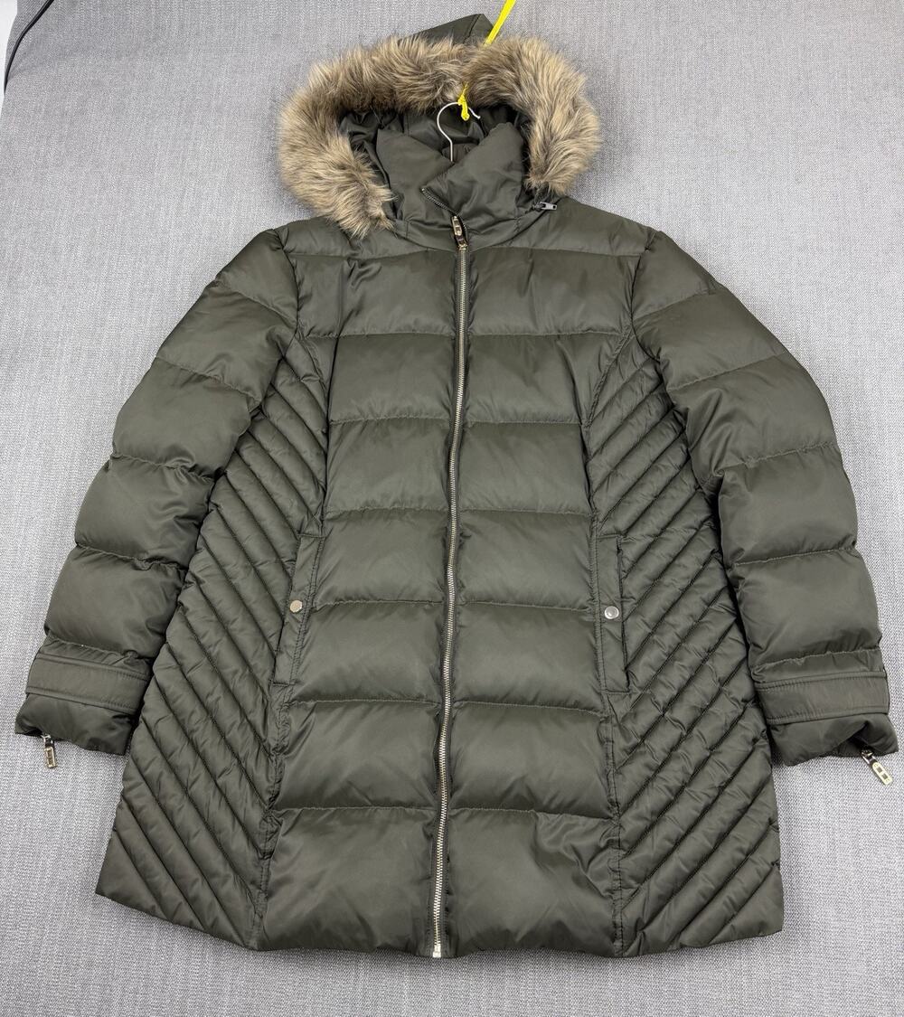 Kenneth Cole Reaction Down Puffer Coat Faux Fur Hood Women’s 2XL Green